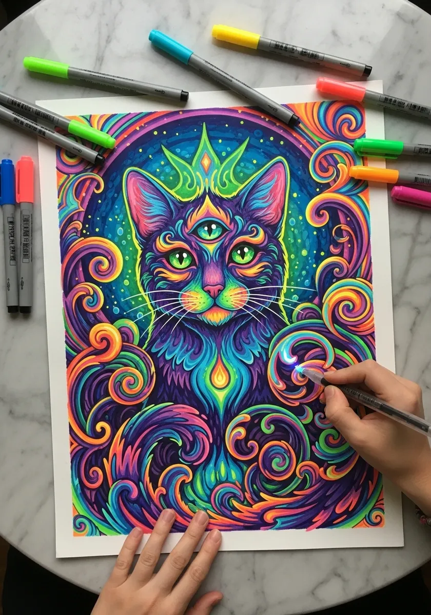 Psychedelic cat drawing with a third eye and swirling neon patterns