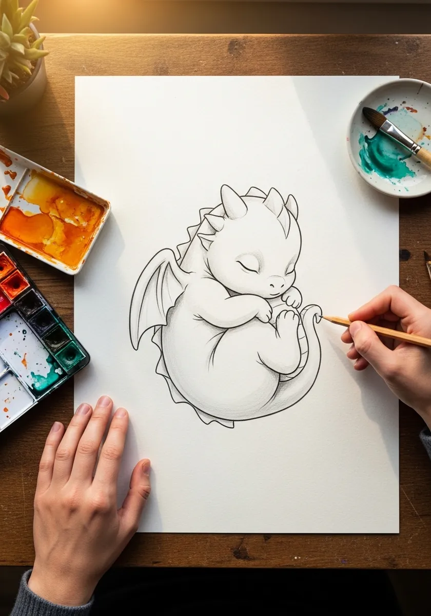 Clean line drawing of a chubby sleeping baby dragon curled up with small wings