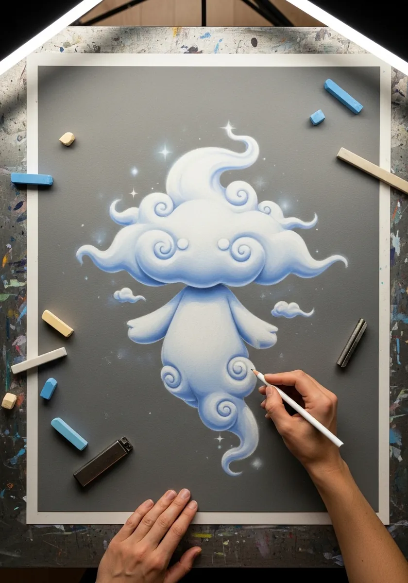 Pale blue and white swirling cloud spirit character drawn on grey paper