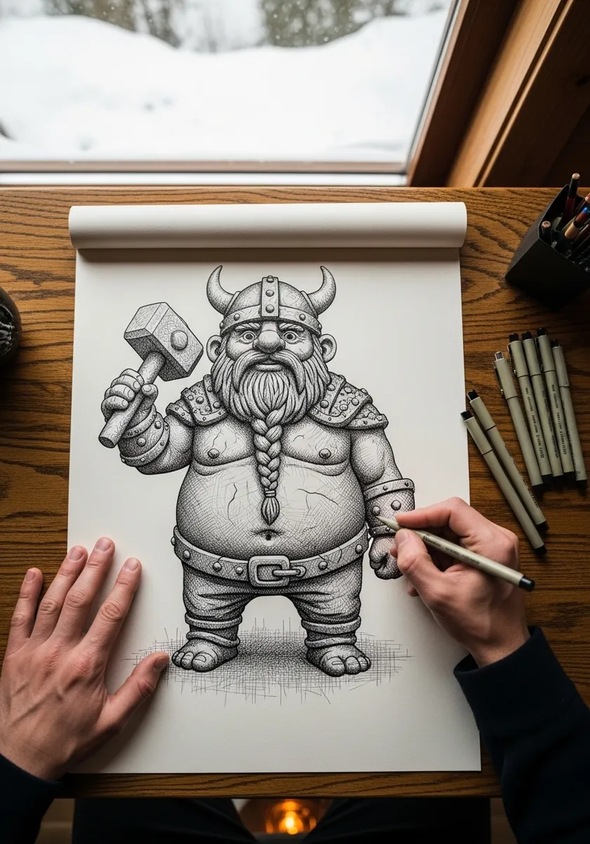 Detailed graphite viking character with a horned helmet beard and large hammer