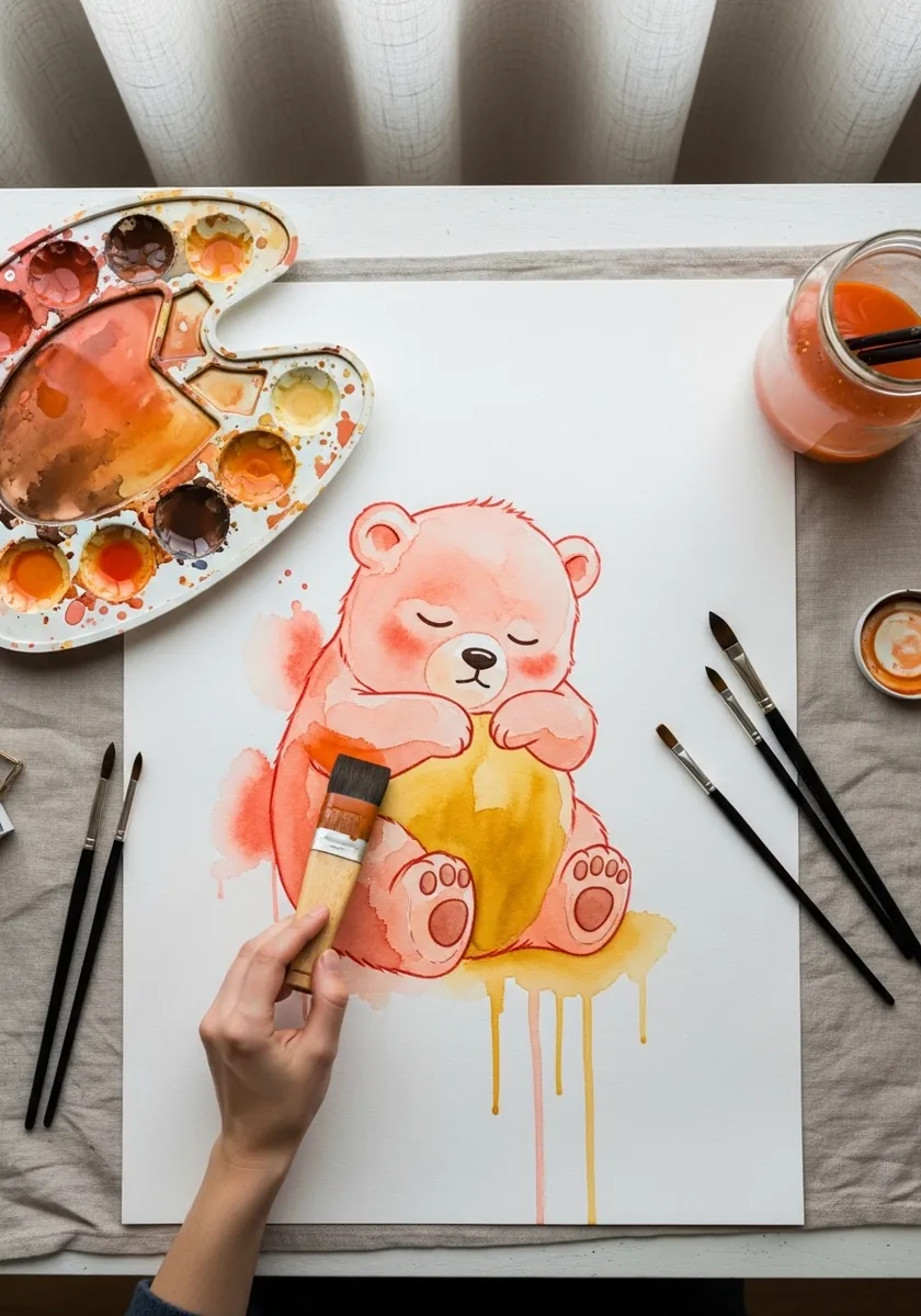 Soft pink and orange watercolor bear character sleeping with paint drips below