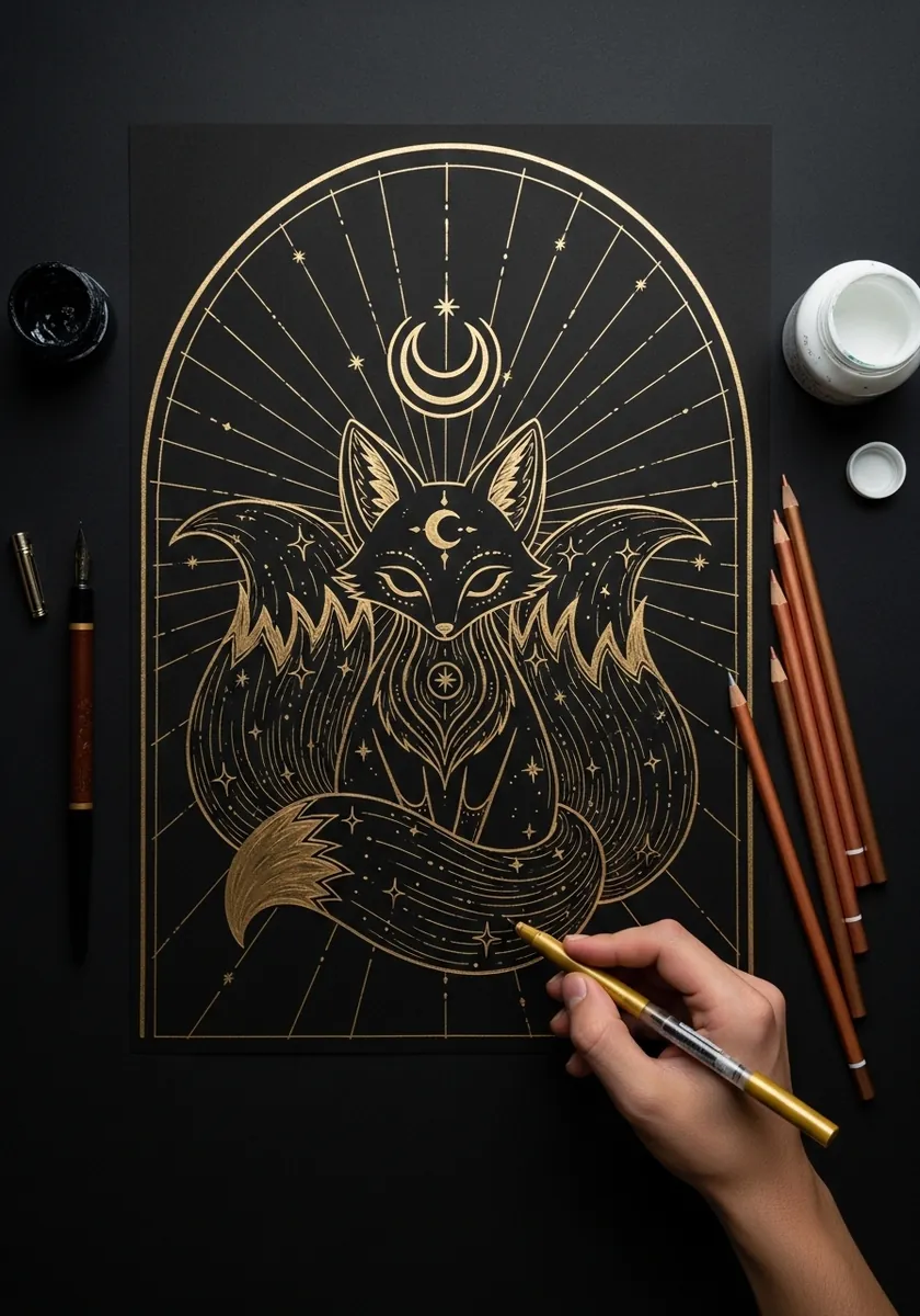 Ornate gold line fox character with stars and a crescent moon on black paper