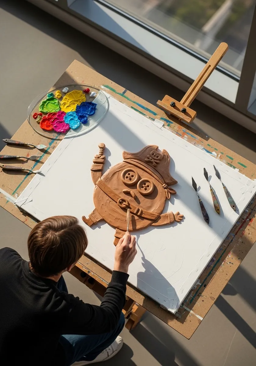Character sculpted from actual terracotta clay on a board with sculpting tools