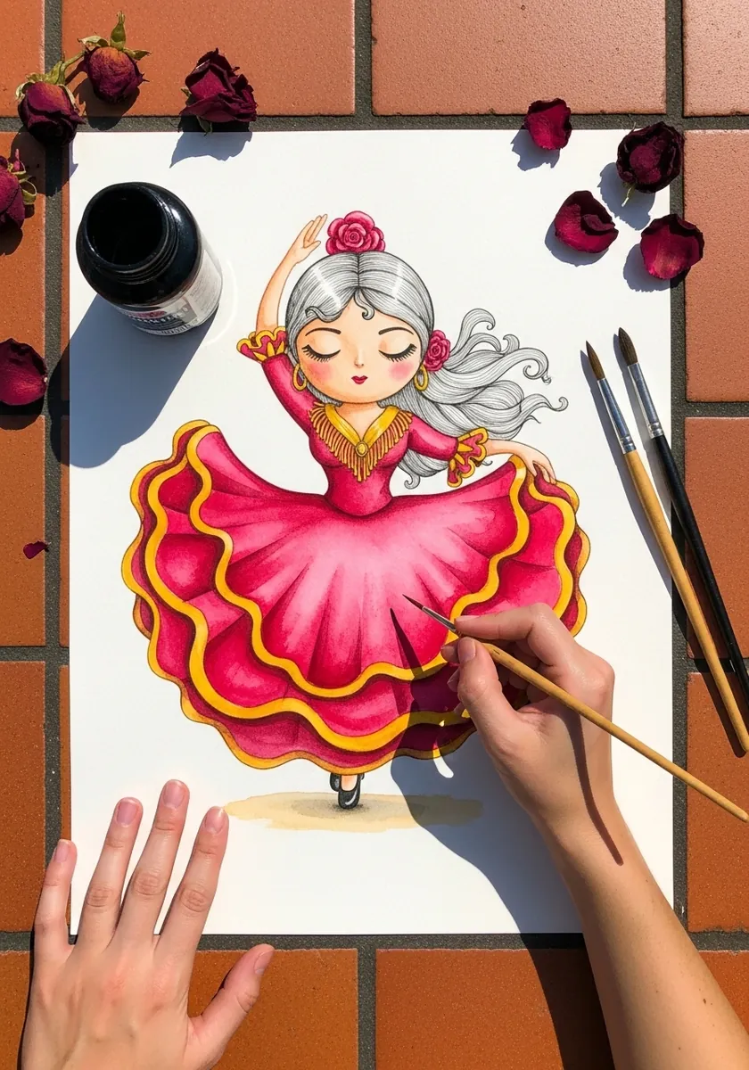 Cartoon flamenco dancer character in a ruffled red dress with gold trim