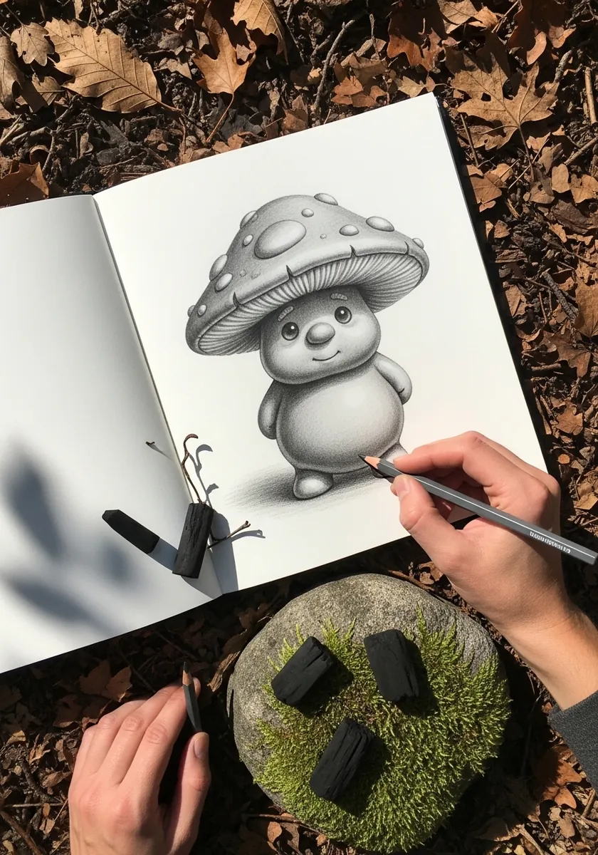 Soft graphite mushroom character with a spotted cap and a small round body