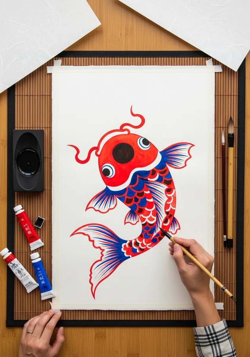 Bold red and blue folk art koi fish character with flowing fins