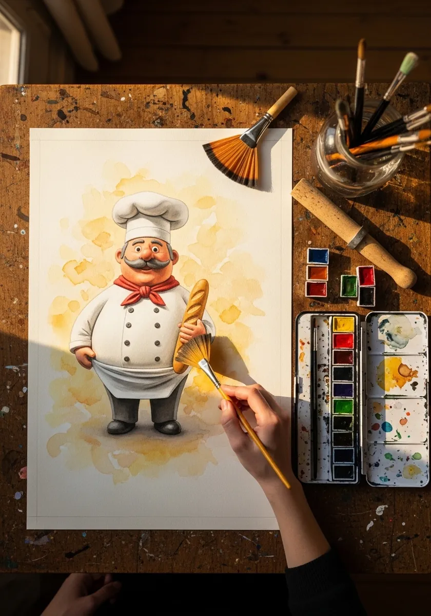 Cheerful round chef character in white uniform holding a long baguette