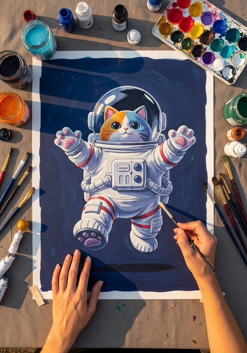Cartoon cat in a white spacesuit floating against a deep navy background