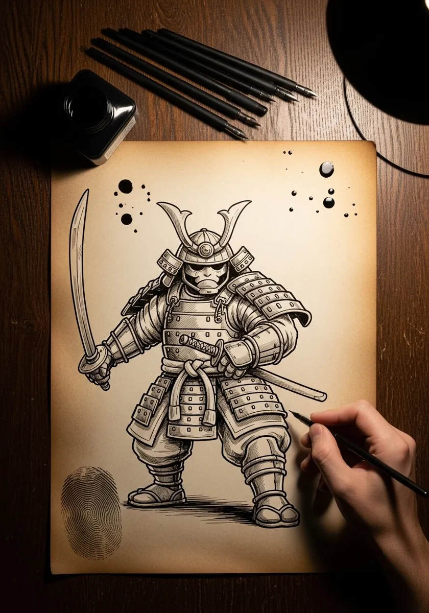Sepia ink drawing of a stocky armoured samurai holding a katana on aged paper