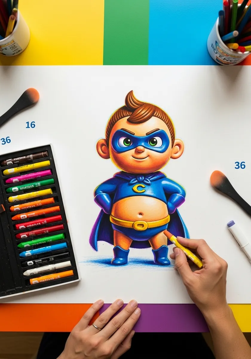 Bright oil pastel superhero character with a blue cape and a rounded belly