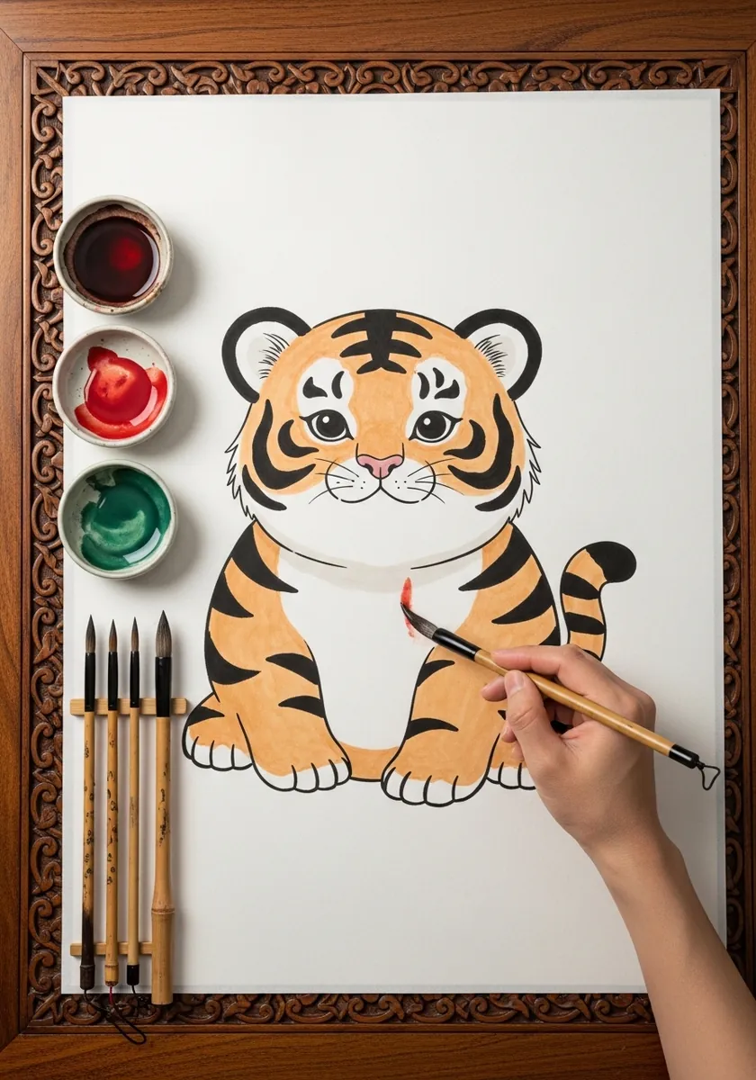 Rounded cartoon tiger cub character with bold black stripes and flat orange color