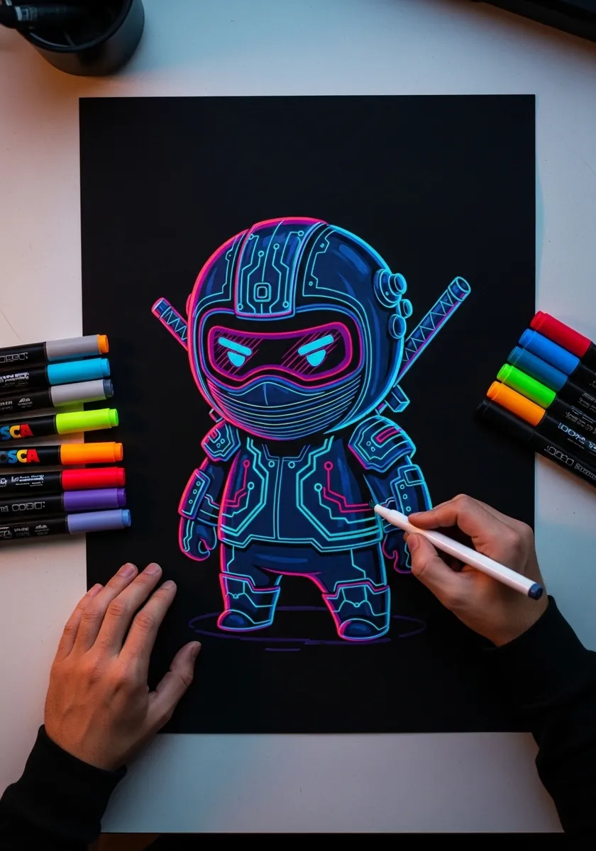 Neon outlined ninja character in pink and blue glowing lines on black paper