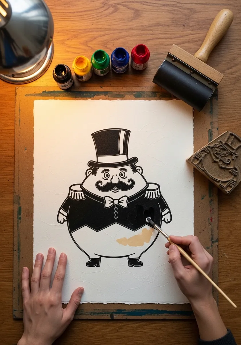 Black block print style character with a top hat moustache and round body