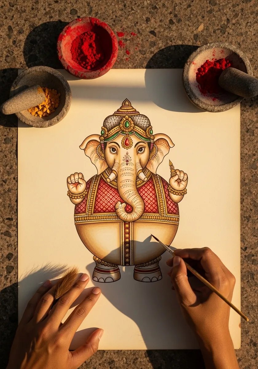 Ganesha character painted in cream red and gold with fine ornamental detail