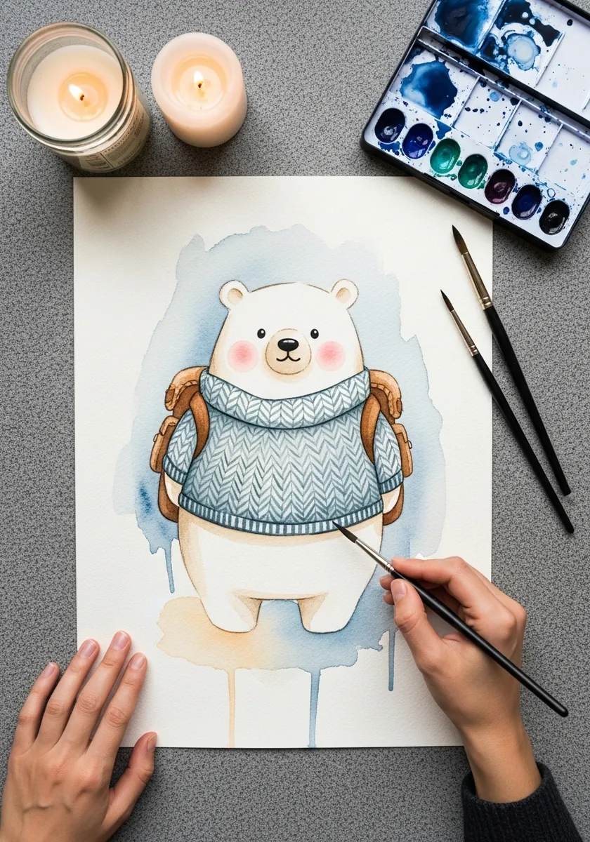 Soft watercolor polar bear character wearing a pale blue knitted sweater