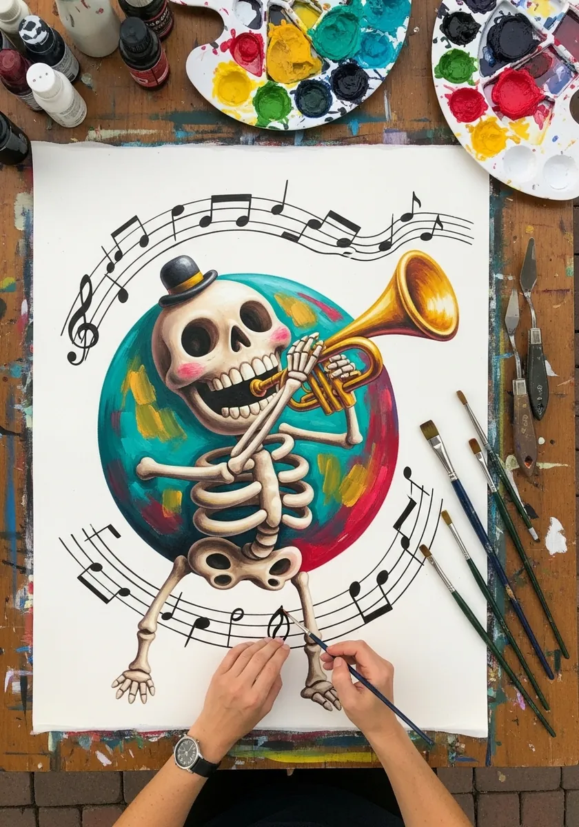 Playful skeleton character playing a gold trumpet against a colorful background