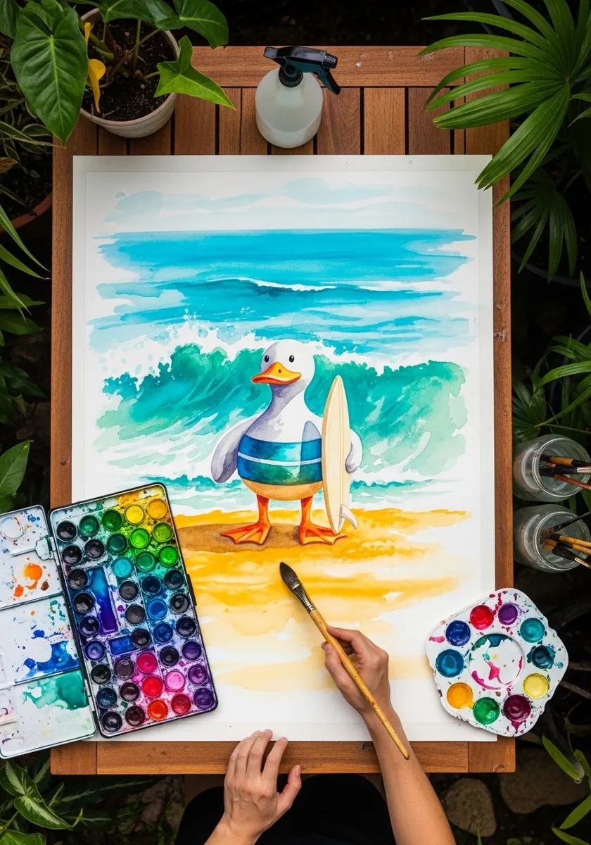 Cartoon duck character with a surfboard standing on a beach with waves behind