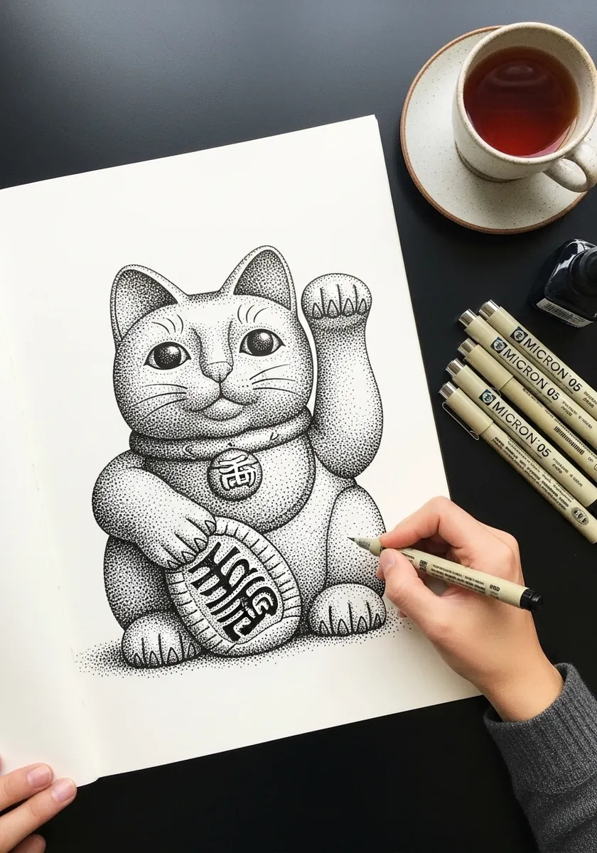 Fine stippled maneki neko lucky cat character with a raised paw and collar