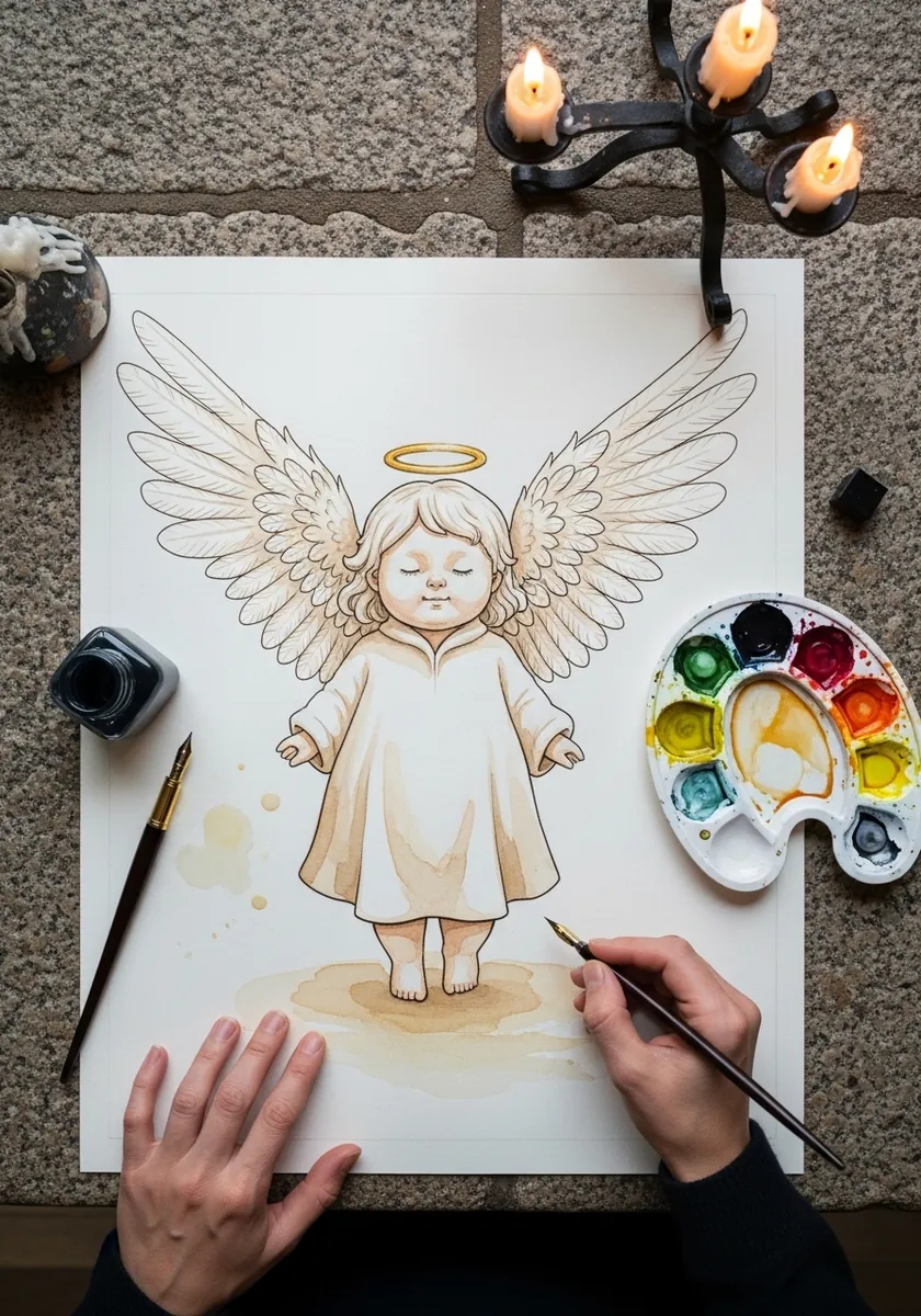 Gentle angel character with a halo and large feathered wings in soft watercolor