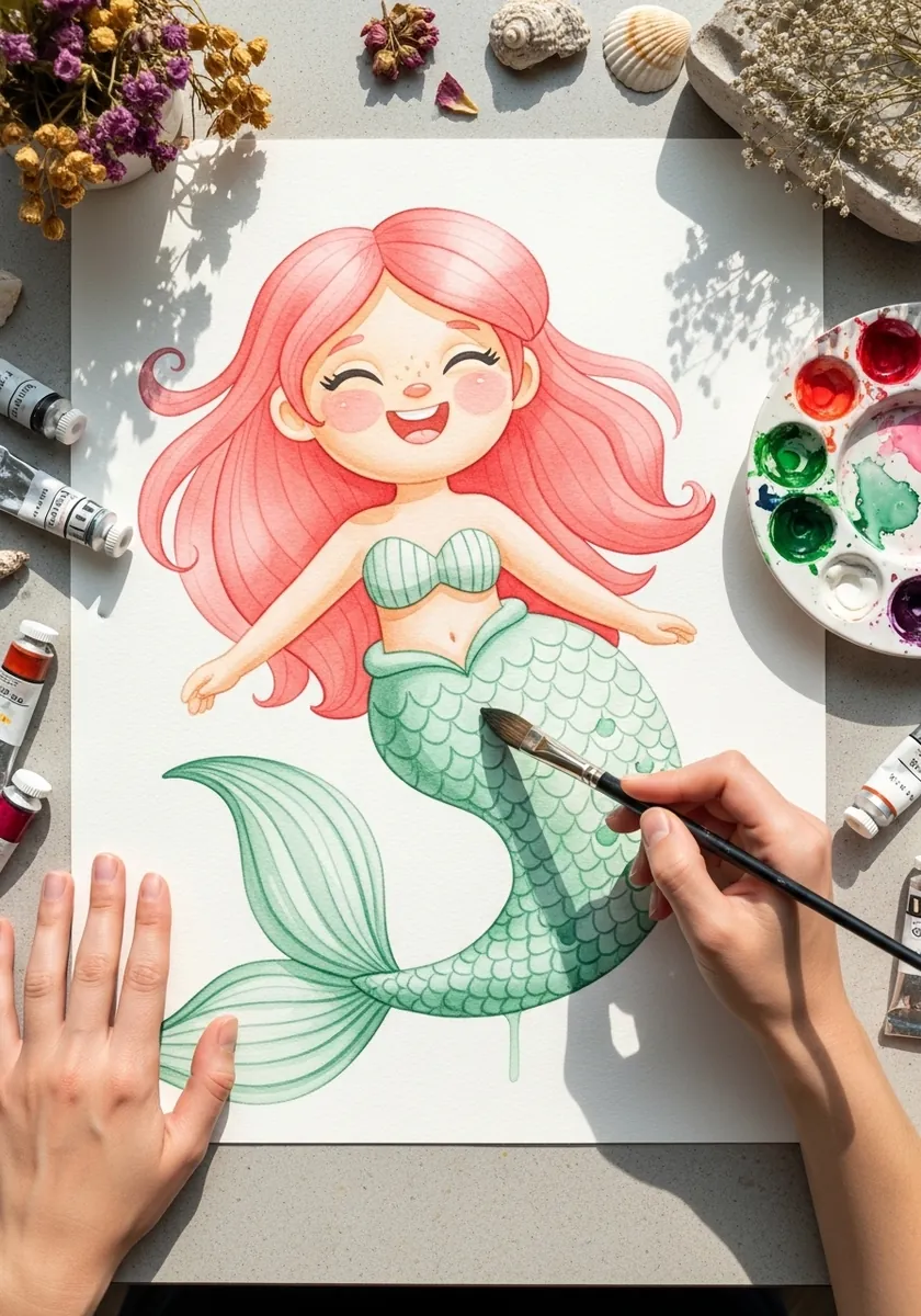 Watercolor mermaid character with pink hair and a green scaled tail