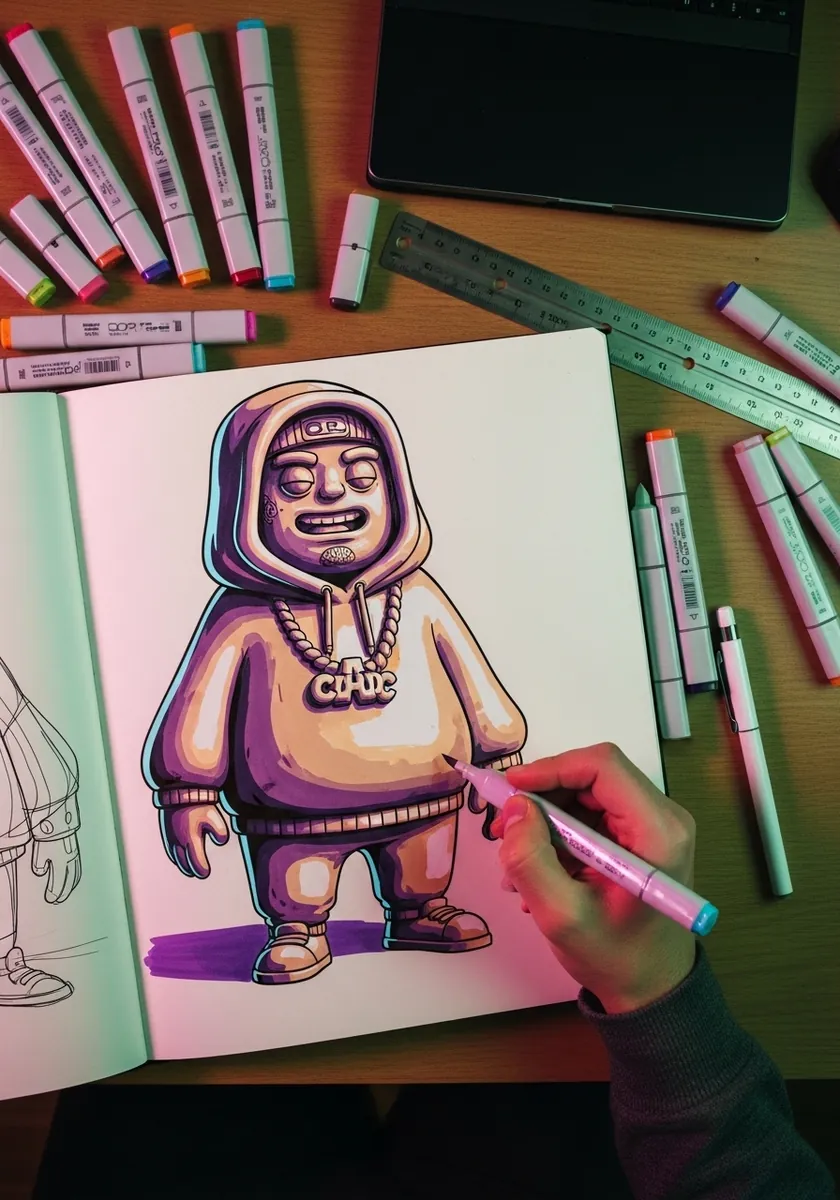 Marker drawing of a stocky character in a hoodie and gold chain with bold outlines