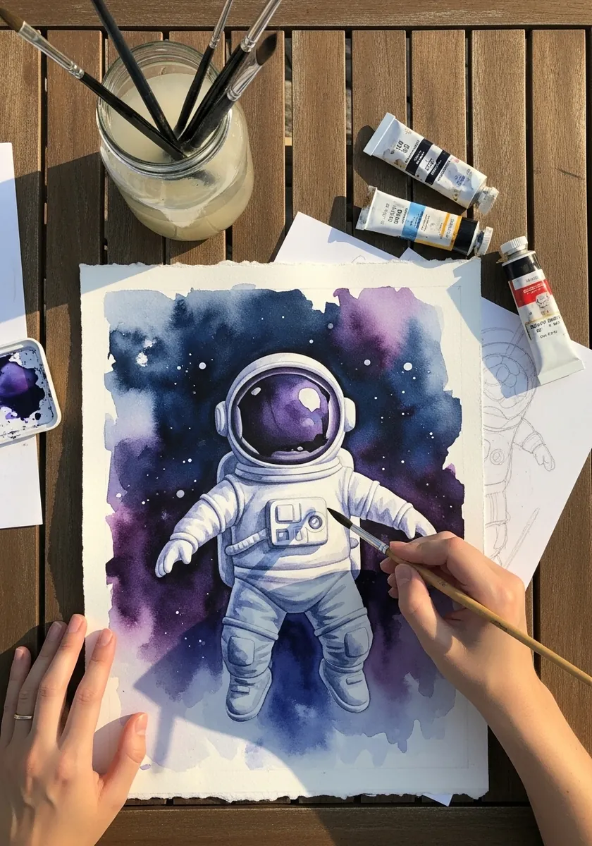 Watercolor astronaut character floating against a purple and blue galaxy background