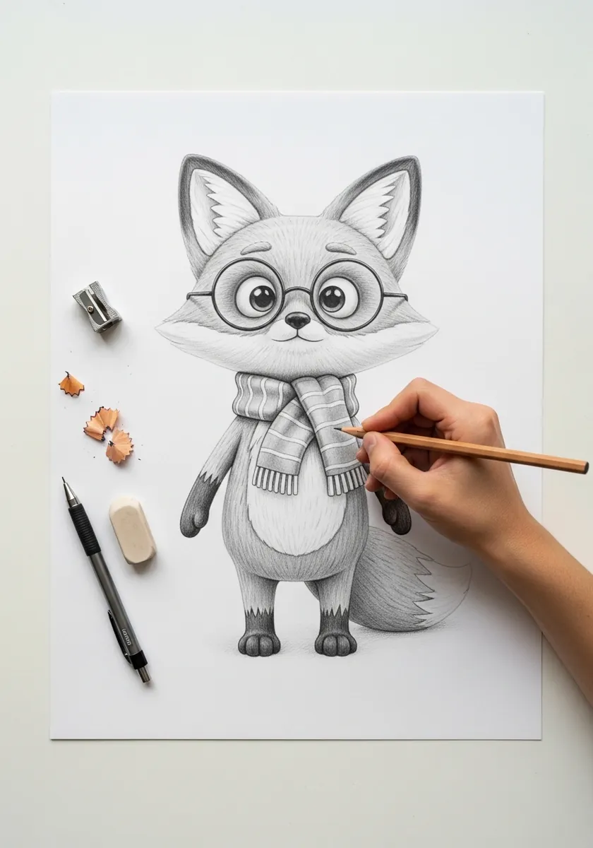 Graphite cartoon fox character wearing round glasses and a striped scarf