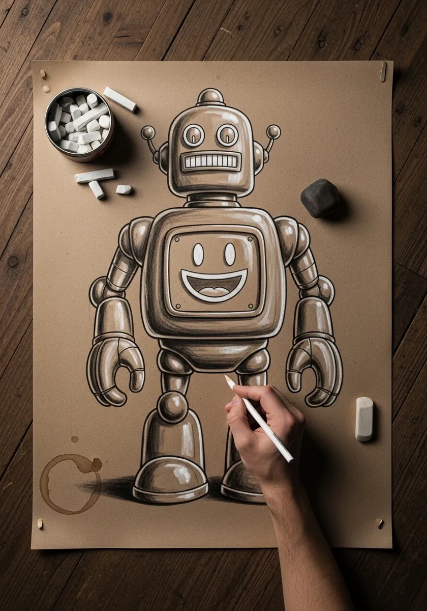 Vintage style robot character drawn in white chalk and sepia on kraft paper