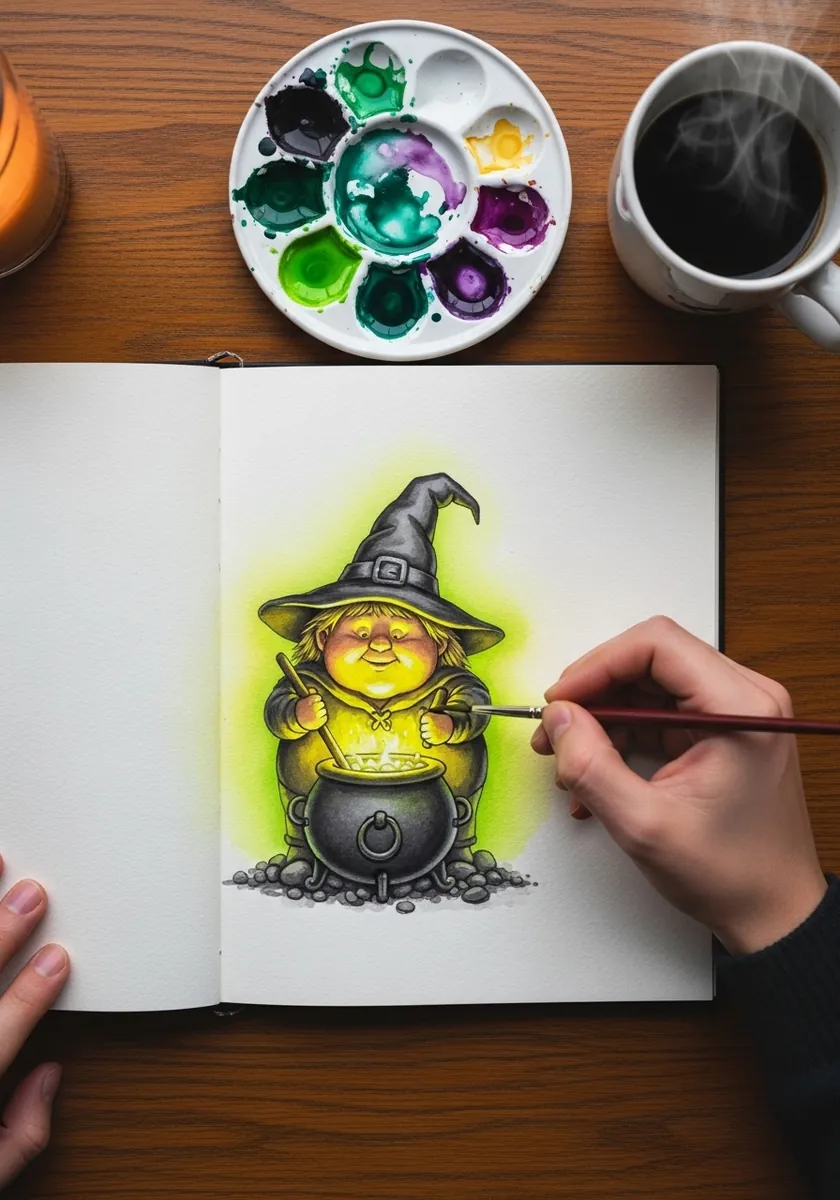 Colorful witch character with a pointed hat stirring a green glowing cauldron