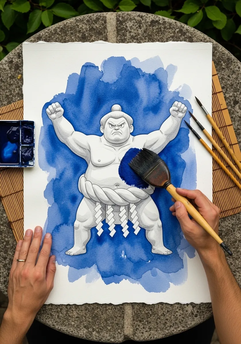 Sumo wrestler character in a strong stance painted in blue and white ink wash