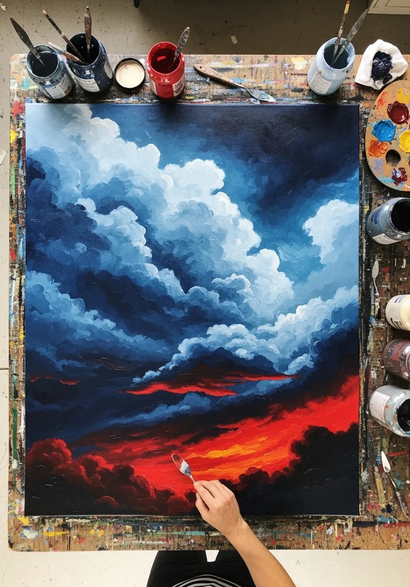 Dark blue and red oil painting of heavy storm clouds over a glowing horizon