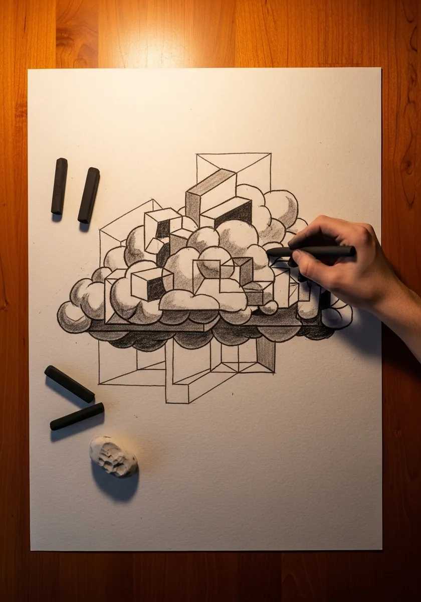 Charcoal cloud with hard-edged cubes and boxes emerging from its soft mass
