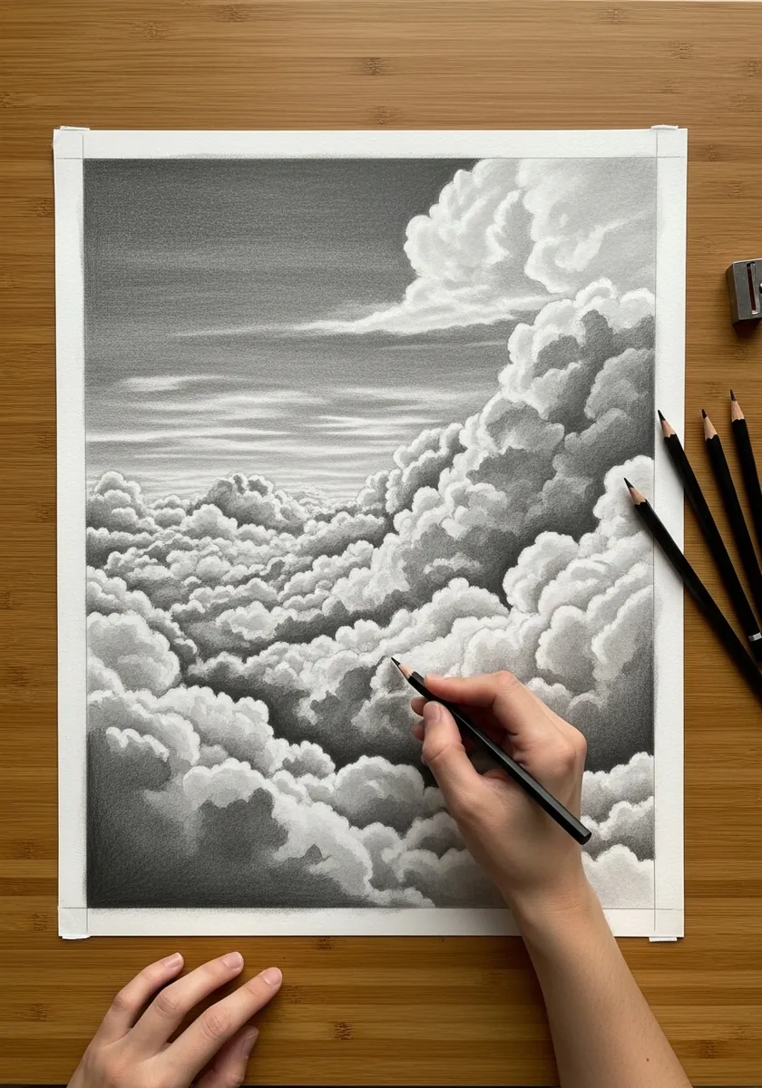 Graphite drawing of a full sky with layers of clouds receding toward the horizon