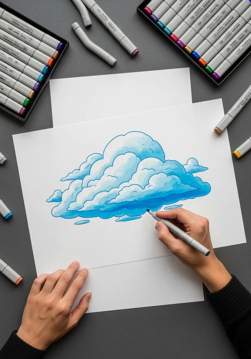 Bold blue and white cartoon cloud with thick outlines drawn with markers