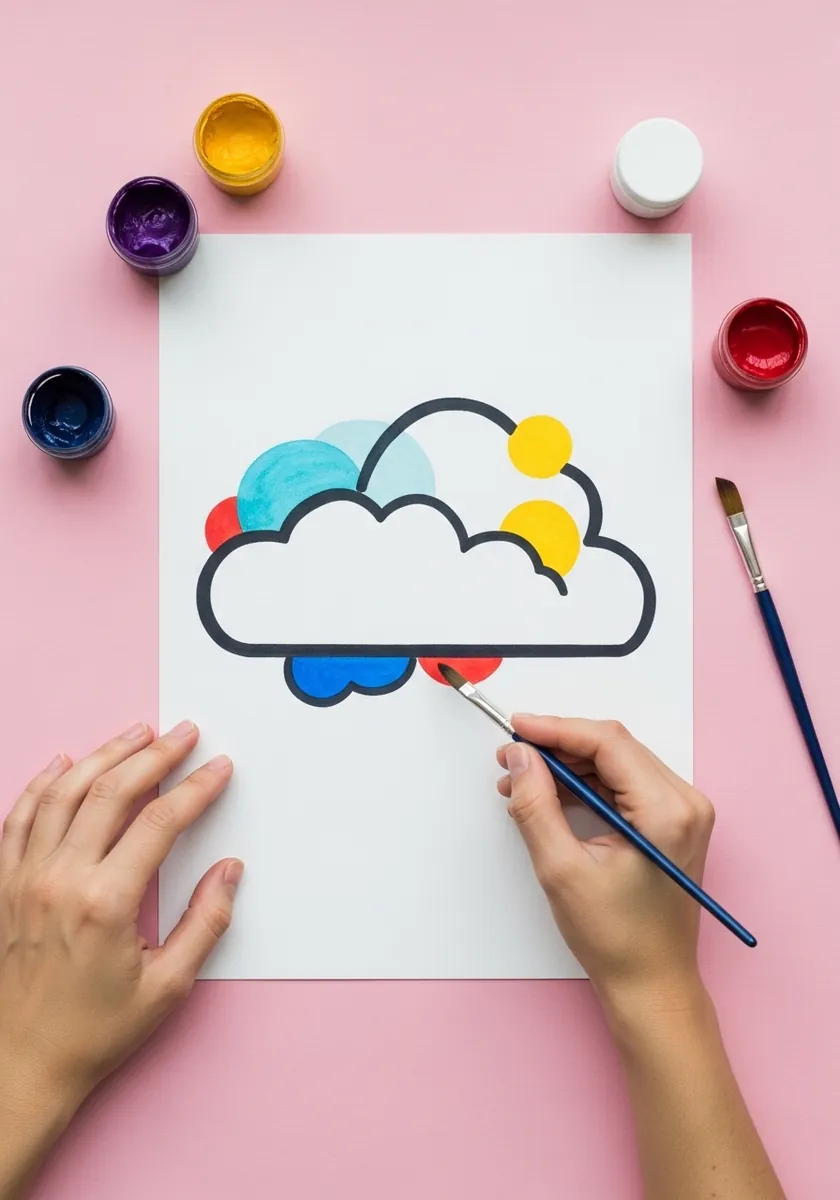 Minimal flat design cloud outline with overlapping colored circles behind it