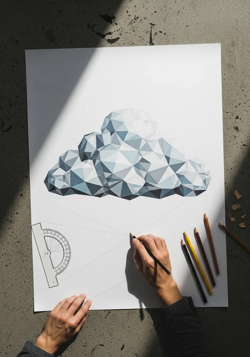 Cloud drawn as flat gray and blue geometric facets with a protractor nearby