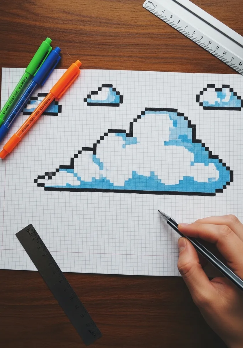 Blue and white pixel art cloud drawn square by square on graph paper