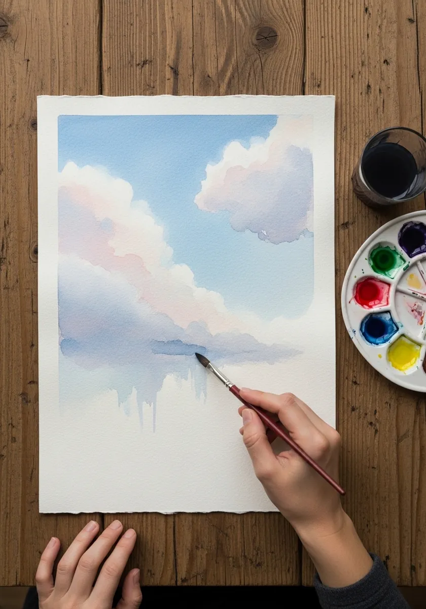 Very soft pale watercolor sky with barely visible clouds and misty edges