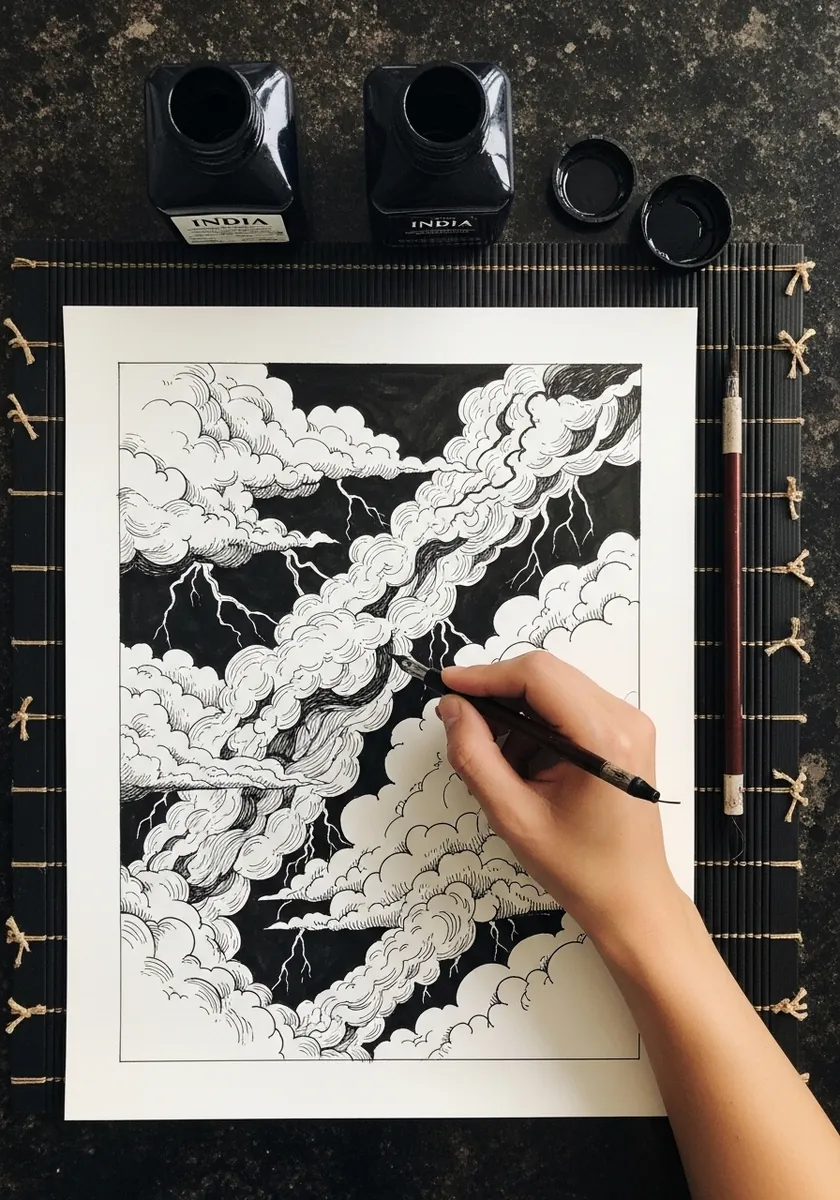 Black ink stylized clouds with curling edges and lightning bolts on white