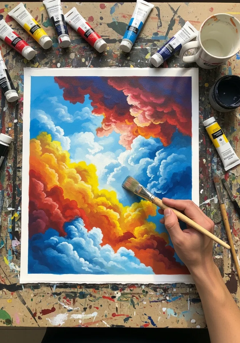 Vivid acrylic clouds in red yellow blue and green filling the whole sky