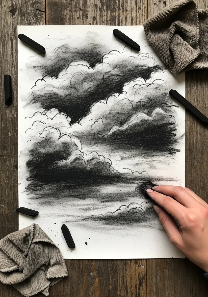 Loose charcoal drawing of dark heavy storm clouds with smudged edges