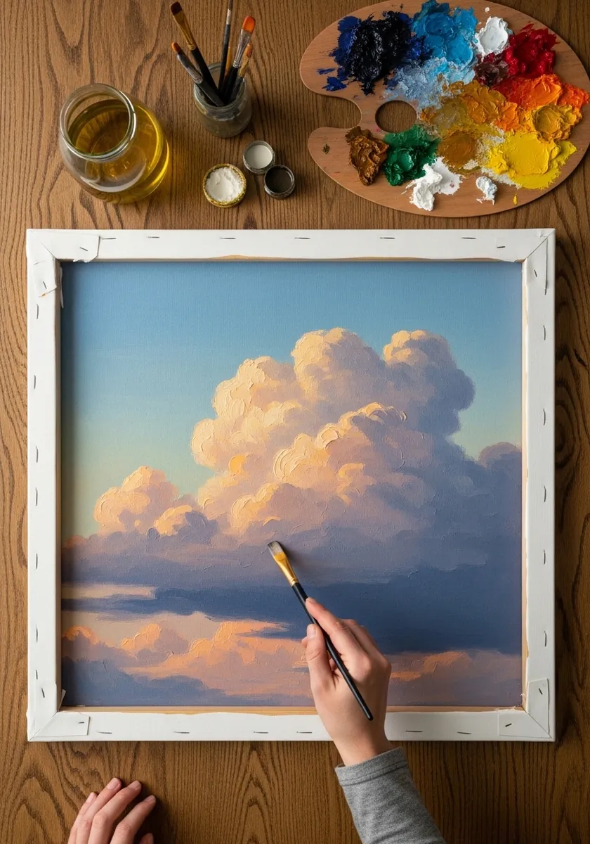 Oil painting of pink and gold sunset clouds over a calm blue horizon