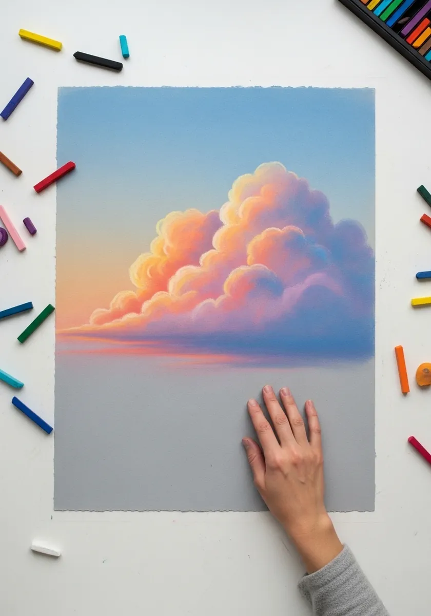 Soft pastel cloud in peach pink and lilac tones on gray toned paper