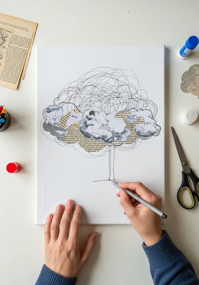 Collage cloud built from torn book pages with pencil scribbles above it