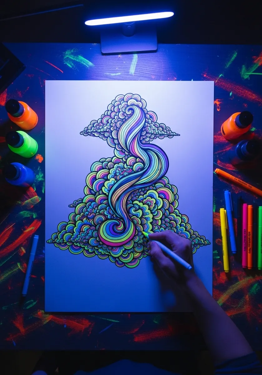 Glowing neon cloud with swirling rainbow patterns under ultraviolet light