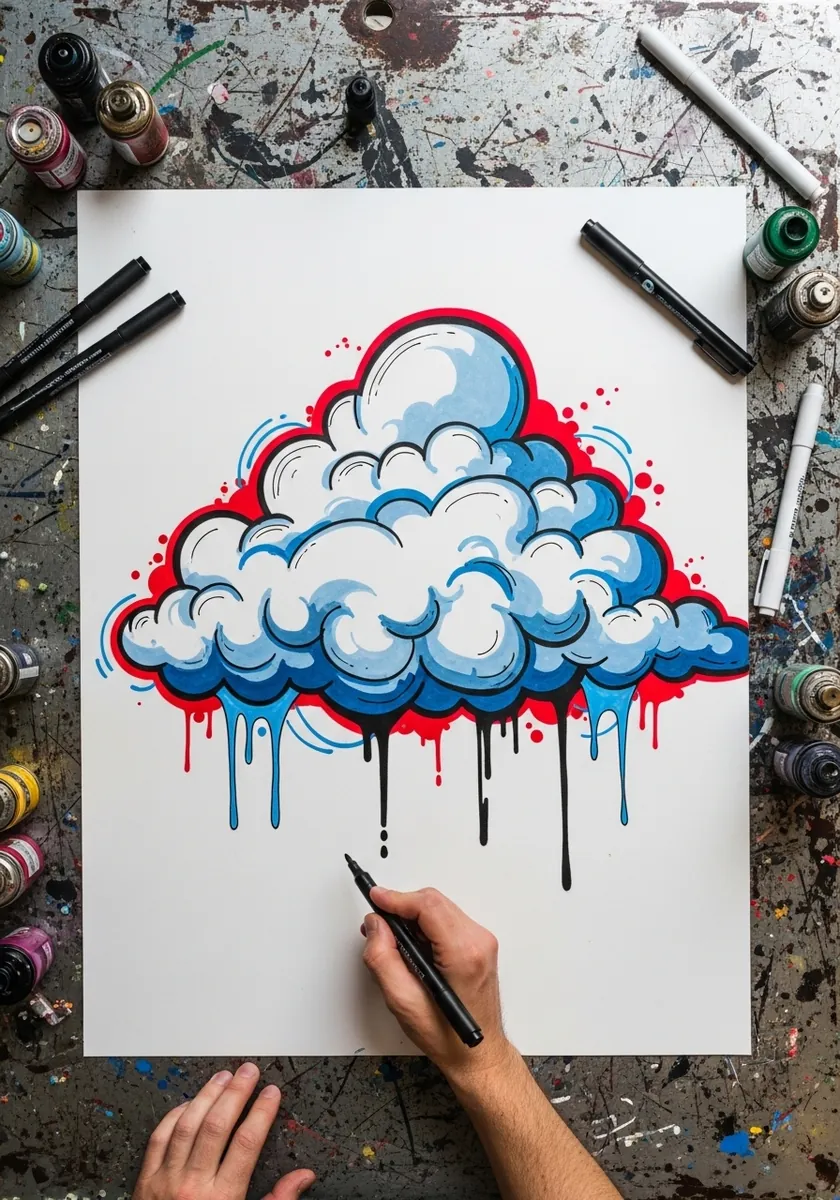 Street art style cloud in blue and red with heavy outlines and paint drips