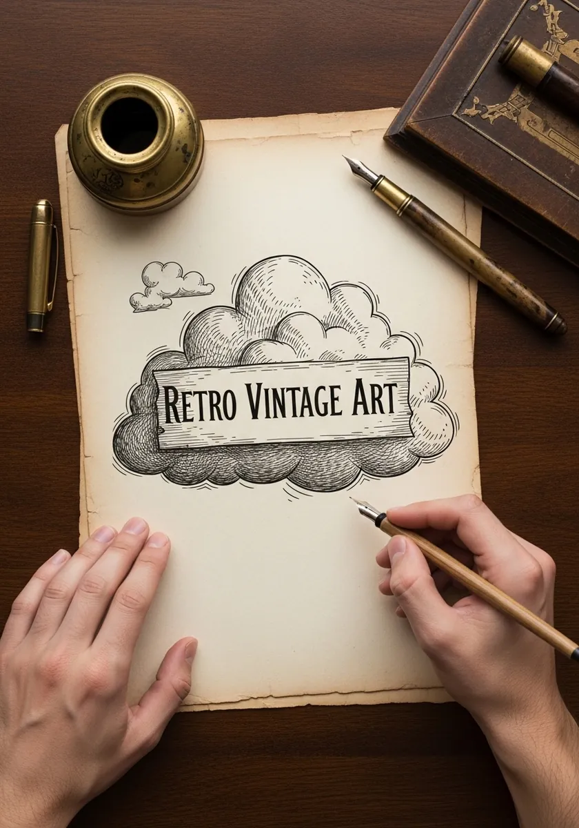 Antique engraving style cloud with fine hatching and a ribbon banner label