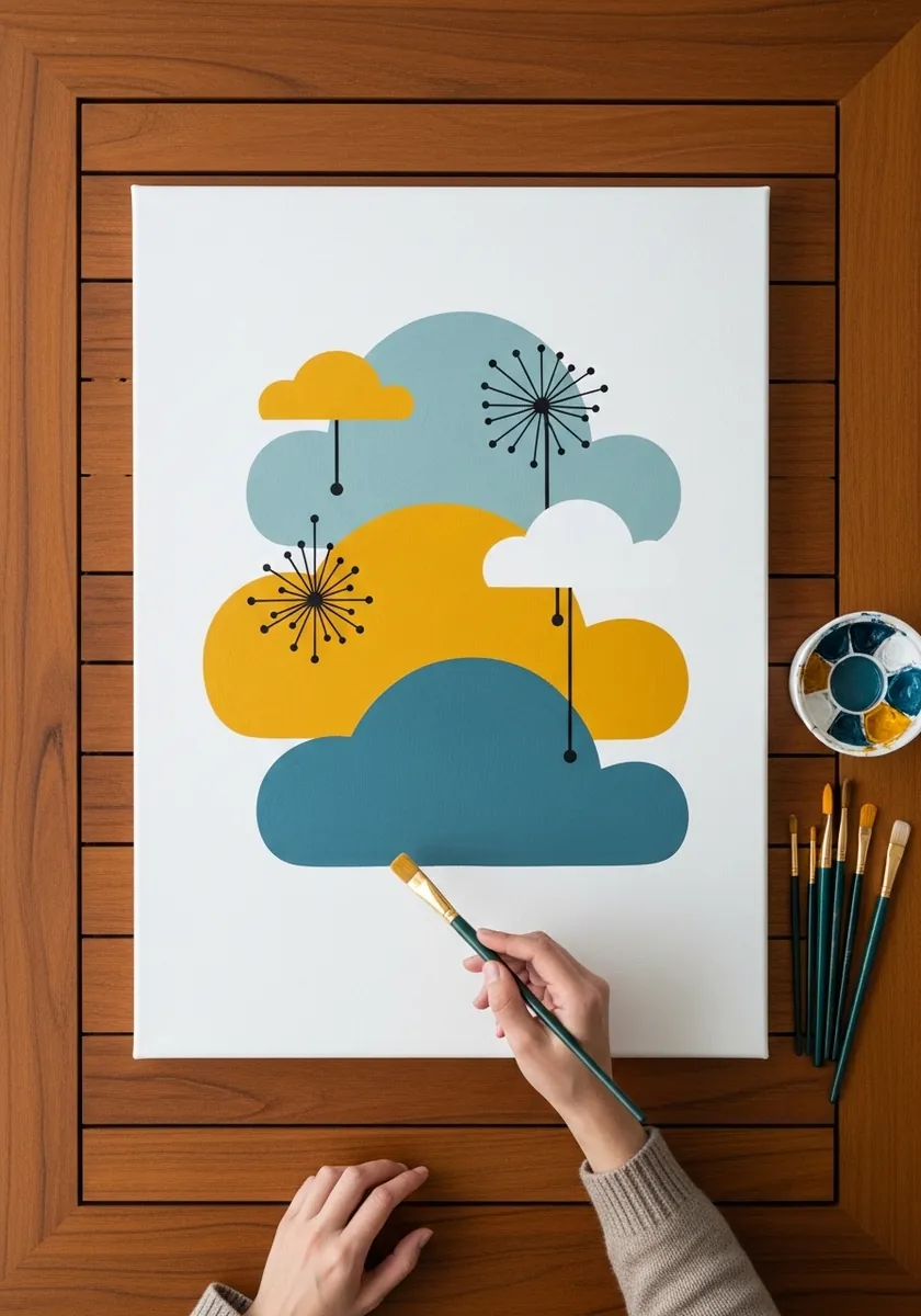 Retro mid century clouds in teal and mustard with starburst shapes