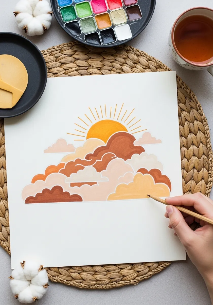 Warm terracotta and cream clouds with a stylized rising sun and rays