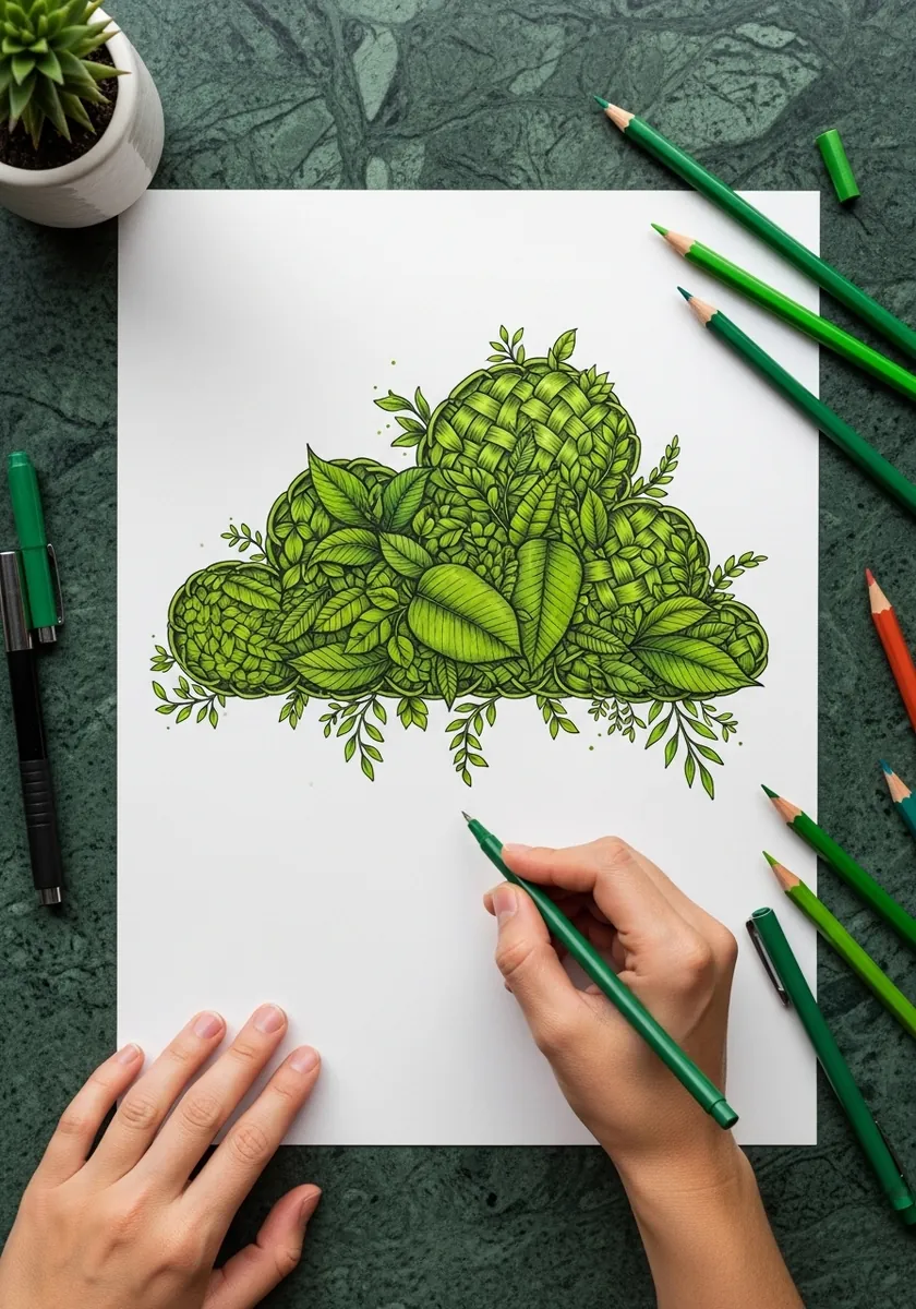 Green cloud shape filled entirely with detailed leaves and botanical patterns